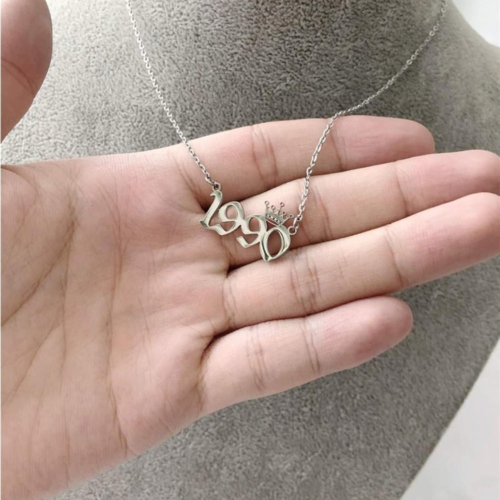 Elegant Silver Crown Birth Year “1990” Necklace